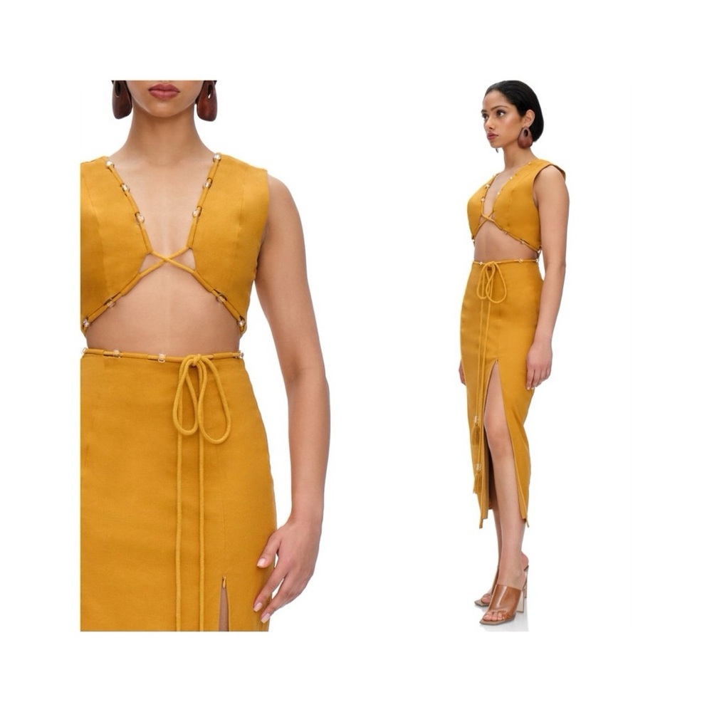 NEW Andrea Iyamah Vela Midi Dress (Sz XS) Cut-Out Viscose Linen Beaded Mustard